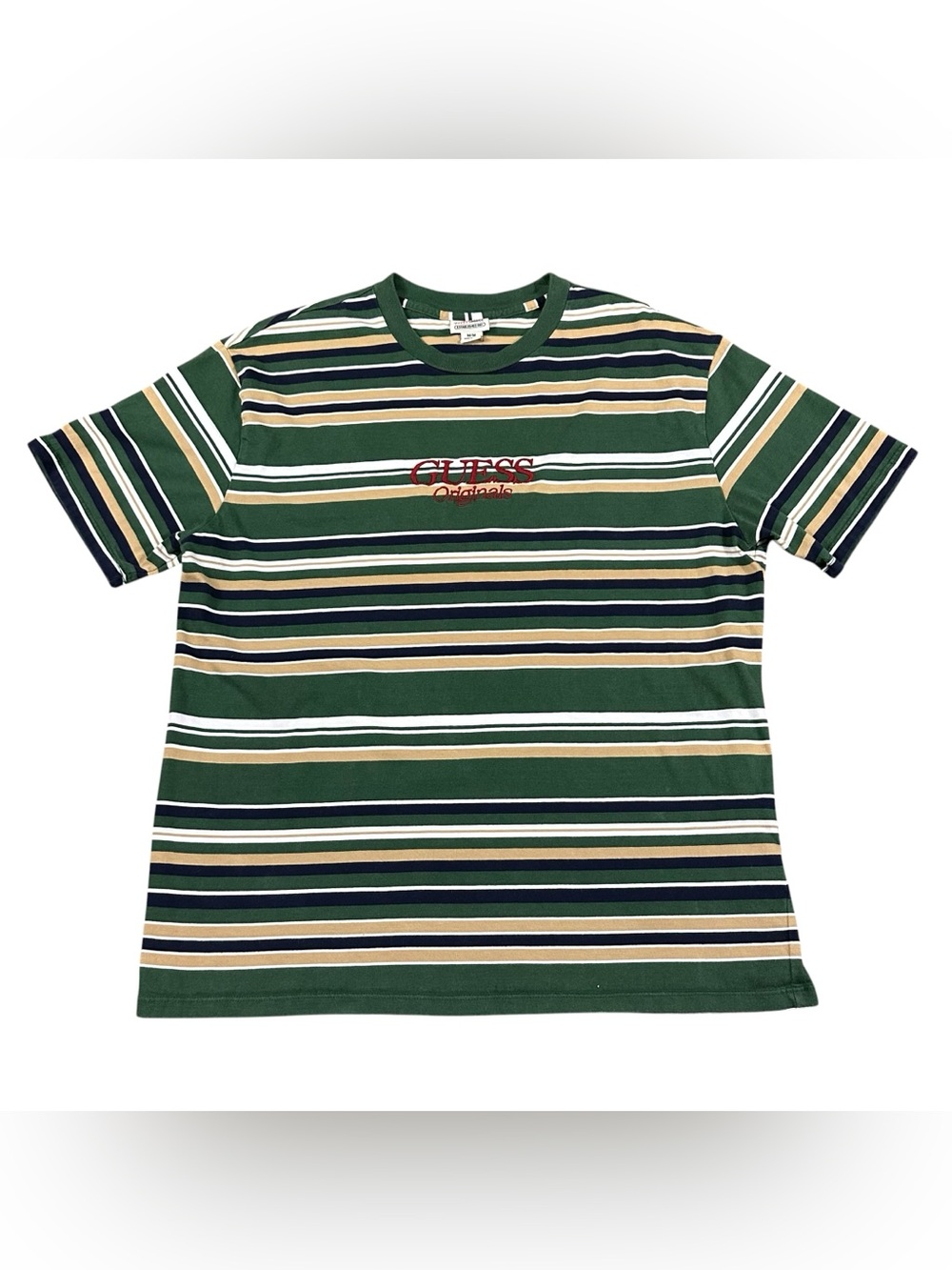 GUESS Originals Men’s M Green Striped T-Shirt Embroidered Logo 100% Cotton